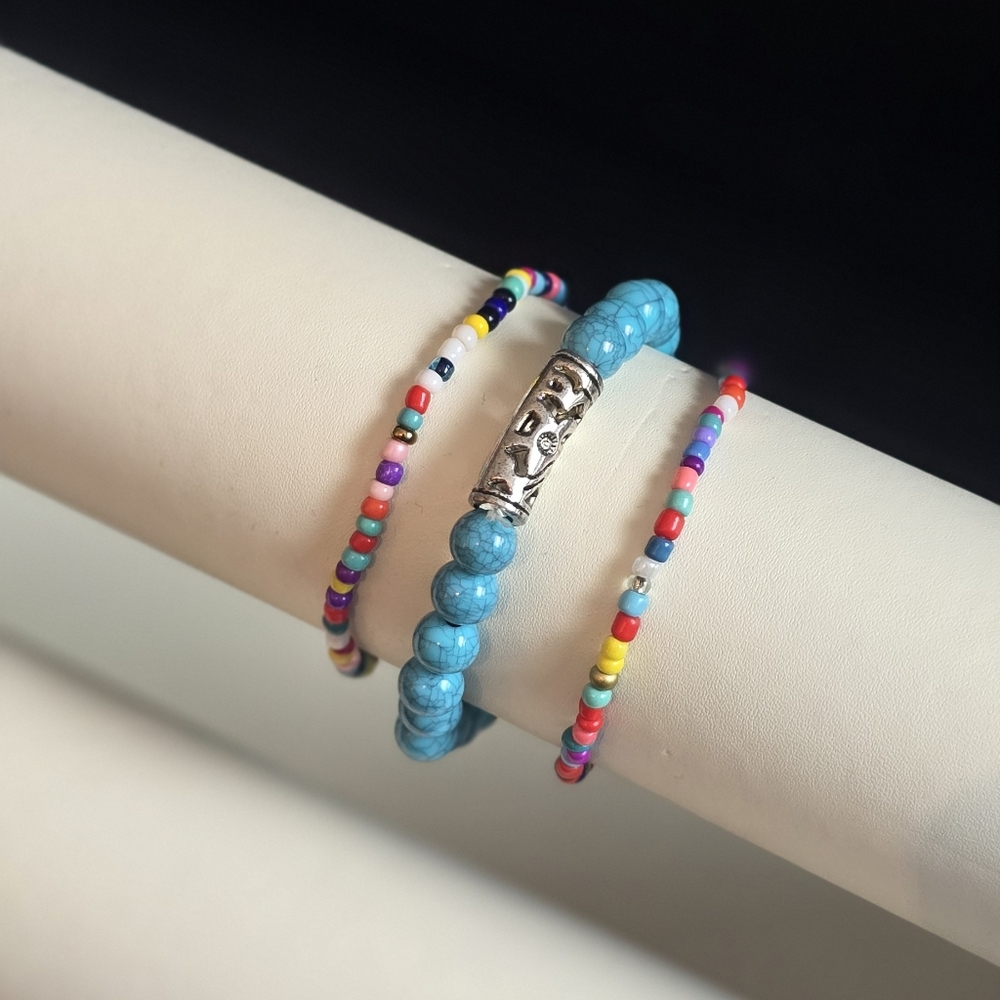 Set of Three New Colorful Stretch Bead Bracelets